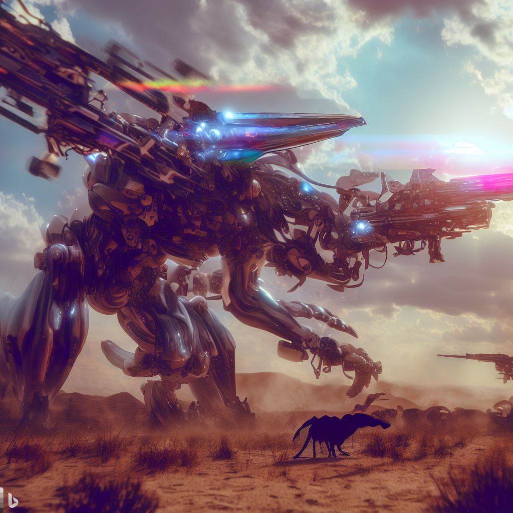 future mech dinosaur with guns fighting in desert, wildlife in foreground, surreal clouds, bloom, lens flare, angle, glass body, h.r. giger style 3.jpg